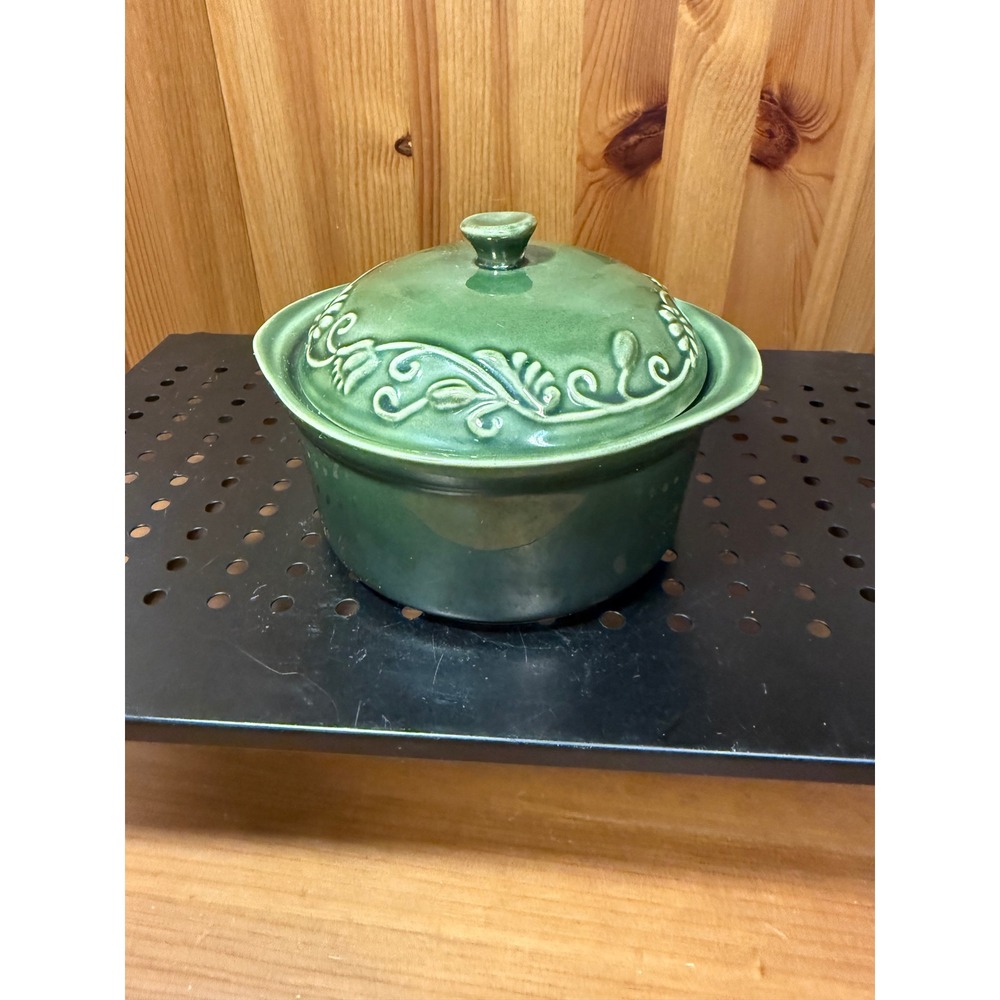 Savinio Designs Green Stoneware Lidded Casserole Dish Floral Embossed Baker